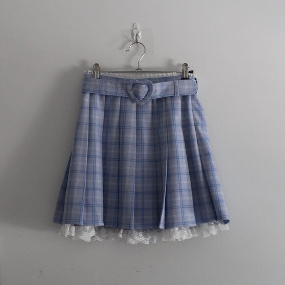 NWOT Secret Honey Blue Plaid Heart Buckle Pleated Skirt